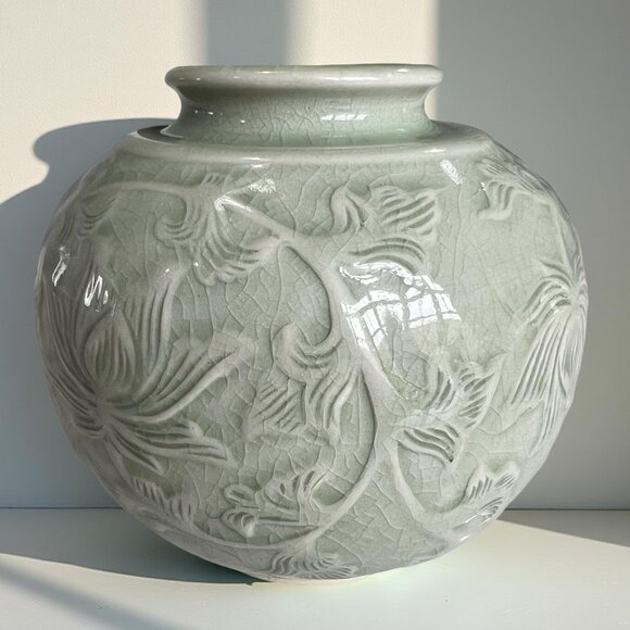 Antique Signed & # Chinese Celadon Porcelain Vase Lotus and Leaf Motif Design 5" - Picture 2 of 12